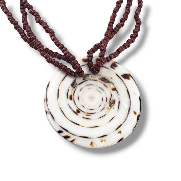 White Brown Shell Slice Round Medallion Pendant Red Brown Bead Collar Necklace - Picture 3 of 8